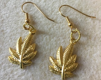 Cannabis Earrings.  Approximately 1 3/4”.   Gold Tone Earrings.  Fun Gold Earrings.