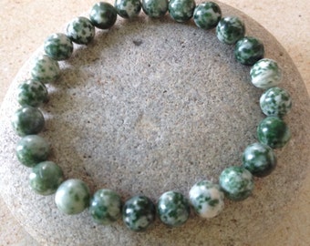 COMFORTING - EMOTIONAL - Natural Green Tree Agate. Beaded Gemstone Bracelet. Men or Women. Simple Stretch Bracelet.