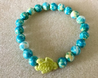 Crazy Lace Agate. Turquoise/Bright Yellow Beads. Bright Yellow Turtle Bead. Beachy Summer Colors. Bright Beaded Bracelet. Simple Stretch.