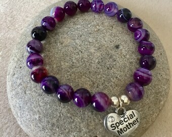 SOOTHING -CALMS - Special Mother.  Purple Striped Agate. Silver Charm/Spacers. Beaded Bracelet. Simple Stretch Bracelet. AgateBracelet.