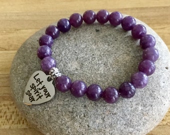 Stone of Transition - REDUCES STRESS - DEPRESSION - Purple Lepidolite Gemstone Bracelet. Stretch Bracelet. Silver Heart Charm. Simple Bead.