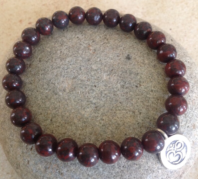 Hill Tribe Silver Ohm Charm Unisex Grounding Energy Simple Stretch Bloodstone Beaded Bracelet Gemstone Bracelet Yoga Jewelry.