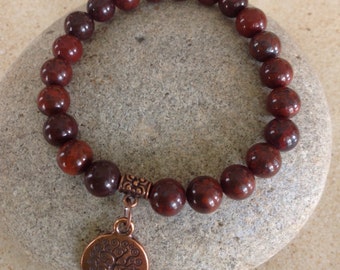 Brecciated Jasper Gemstone. Grounding. Tranquility. Positive Outlook. Beaded Bracelet. Simple Stretch. Copper Tree of Life Charm/Bail.