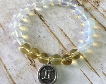Moonstone/Citrine.  Gemini Zodiac. Pewter Charm. Gemstone Bracelet. Beaded Bracelet. Simple Stretch. Charm Bracelet.