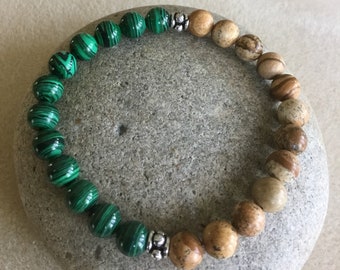 Malachite/Picture Jasper Bead Bracelet. Deep Energy Clearing. Chakra Bracelet. Stone of Transformation. Silver Spacer Beads. Minimalist.