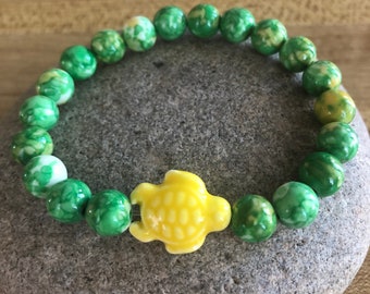 ENERGY-STABILITY-CONCENTRATION - Crazy Lace Agate. Green/Yellow Bead Bracelet. With/Without Turtle. Simple Stretch. Minimalist Style.