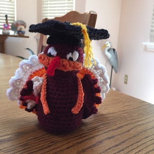 May include: A crocheted turkey wearing a black graduation cap with a yellow tassel. The turkey has a white, orange, and red feathered body. The turkey is holding a scroll in its right wing.