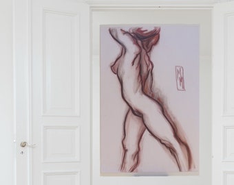 Mircea Marosin (1921-2007) Standing female nude pastel drawing original large art Romanian English artist lover divorce Lawyer unique gift
