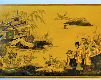 Antique Chinese Republic period ochre yellow gold lacquer plaque wall hanging decoration unique gift oriental art