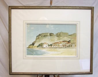 Original old watercolour painting Pizzo Italy 1948 Edward Douglas Lyons English artist Italian coast framed signed art picture new home gift