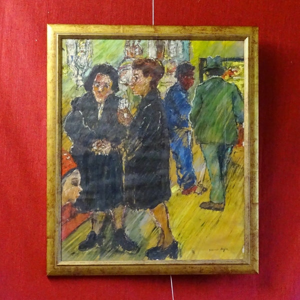 Original oil painting David Azuz (1941-) Paris streets ladies chatting framed signed art French wall decor Israeli artist new home gift