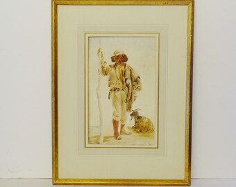 Original old watercolour painting Charles Walter Simpson RBA 1885-1971 shepherd framed monogrammed traditional art sheep farmer unique gift