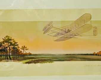 Wright au Camp d'Auvour sErnest Montaut  old flying biplane print 1908 vintage lithograph wall art pilot aviation history engineer gift