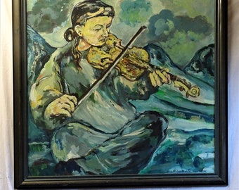 Original oil painting Nokas Duguid Donegal 1997 Irish violin playing musician original wall decor signed framed unique musical gift