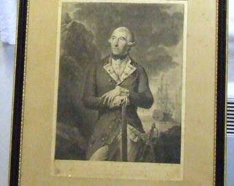 Richard Kempenfelt British Navy Admiral 18th century antique mezzotint print history wall decor barrister study inventor unusual art gift
