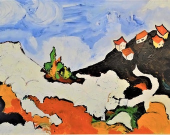 Original modern abstract landscape oil painting Paul Beckman Dutch artist snow alpine colourful wall art decoration Orange White new home