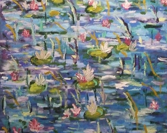 Large original oil painting Rafael Ruz Lily Pond  impressionist wall art Spanish artist new home BIG unique gift framed wall decor new home
