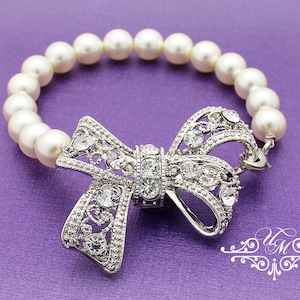 Bijoux de mariage Single Strand Pearl Bow Bracelet Bracelet de mariée Demoiselles d’honneur Bracelet Strass Bow Swarovski Pearl Bracelet - KITTY