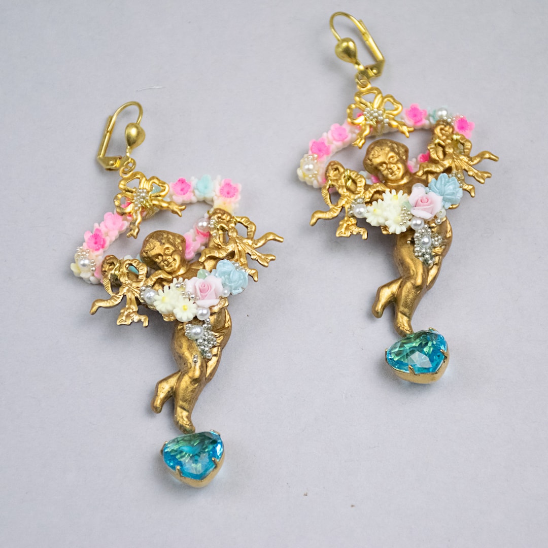 Delicate Brass Earrings Angels & Cherubs, Rococo Style, Baroque Style ...