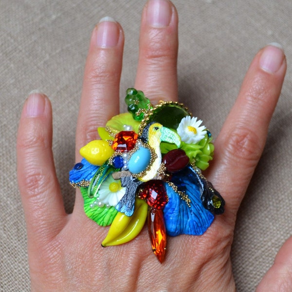 Gorgeous Ring Exotic jungle's Inspiration, Colorful Psychedelic Style, Exo chic, Tropical Cocktail, Mixed Media assemblage, Huge Ring