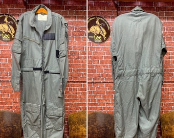 70's CWU-33/P olive green utility mechanic flyers summer coveralls jump suit long sleeve outfit size large long.