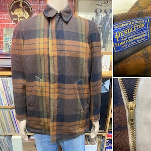 60&#39;s Pendleton men&#39;s virgin wool reversible coat brown plaid size medium made in Portland, Oregon.