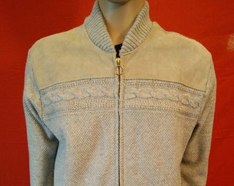 Vintage unisex gray jacket cable knit with leather suede trim 100% acrylic size large made in U.S.A. by Sedgewick.