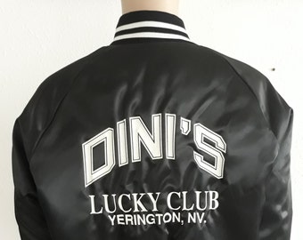 80's Dini's Lucky Club, Yerington, NV black satin jacket size xlarge, made in Usa.