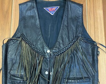 80's MOB black leather women's fringe vest biker cowgirl country hippy size Medium.