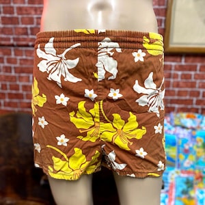 70's swim shorts cotton trunks floral print plaid size large made in Usa. image 1