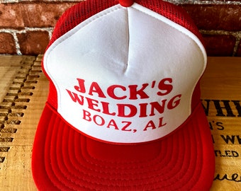 Jack's Welding Boaz, Alabama red trucker baseball mesh snapback hat.