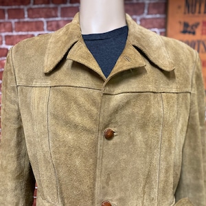 70&#39;s Elk brown suede leather long coat jacket size 44 made in Sweden.