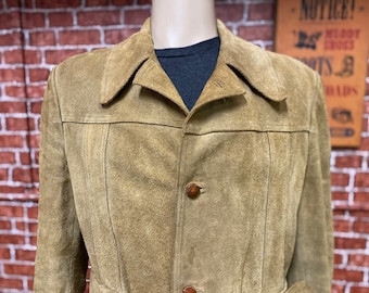 70's Elk brown suede leather long coat jacket size 44 made in Sweden.