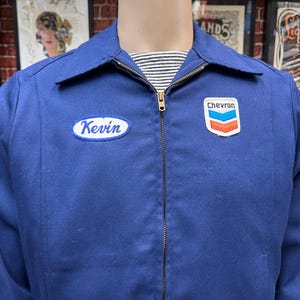 Vtg 70&#39;s Chevron gas station removable lining mechanic garage work blue jacket size 40R made in U.S.A.