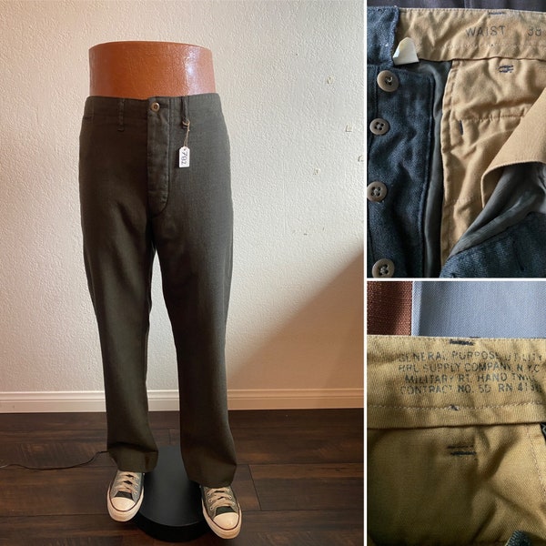 RRL military hand twill olive green wool men's slacks pants size 38x32.