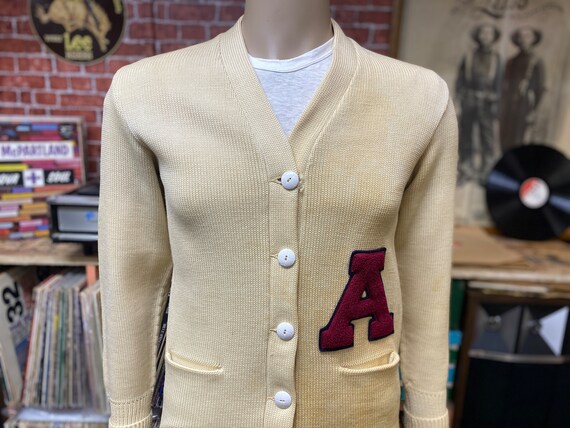 50's Letterman beige cardigan sweater 100% wool size … - Gem