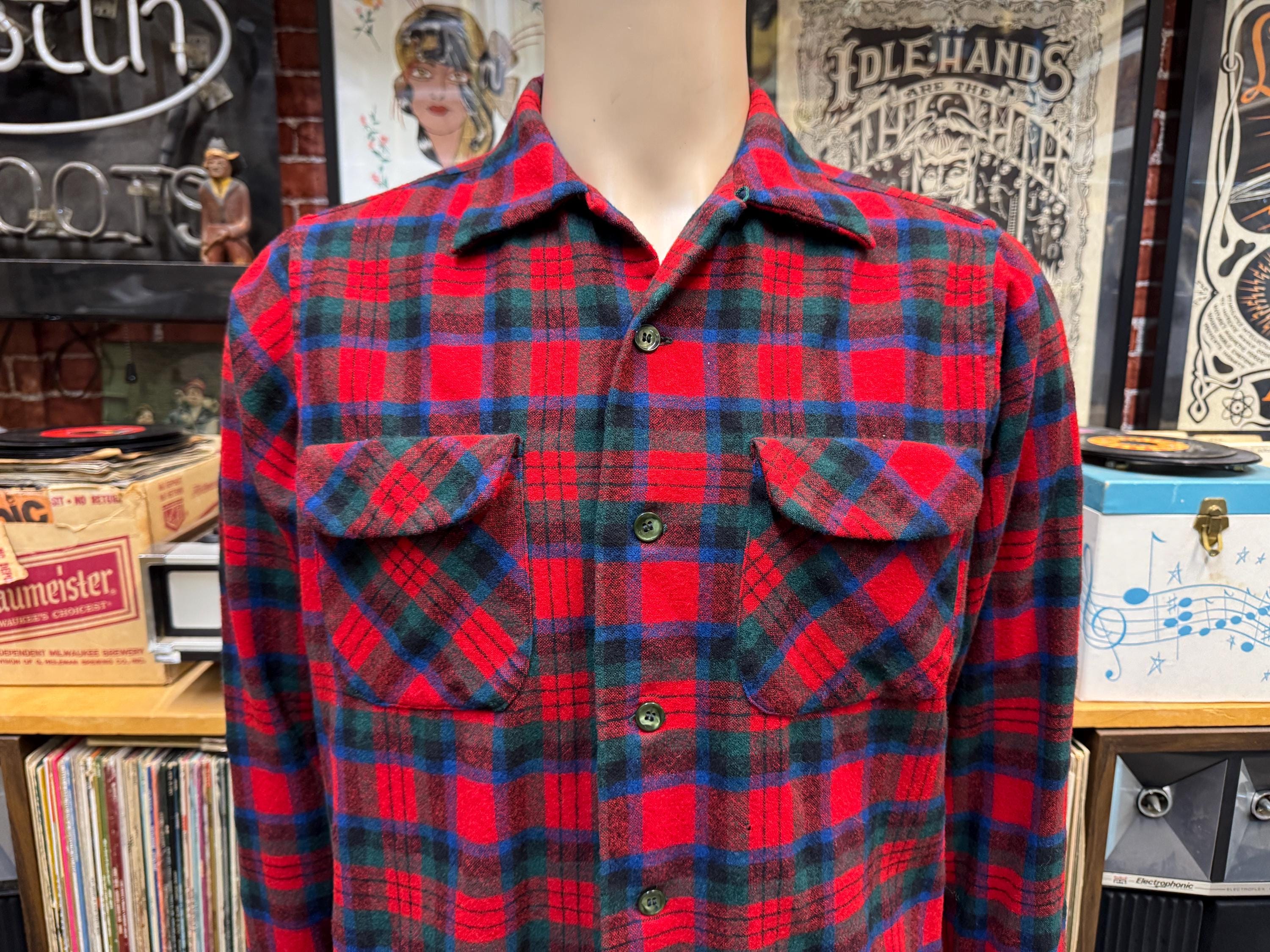 Chemise à carreaux en flanelle de laine Vtg Pendleton pour hommes à manches longues et boucle de col moyenne. - France