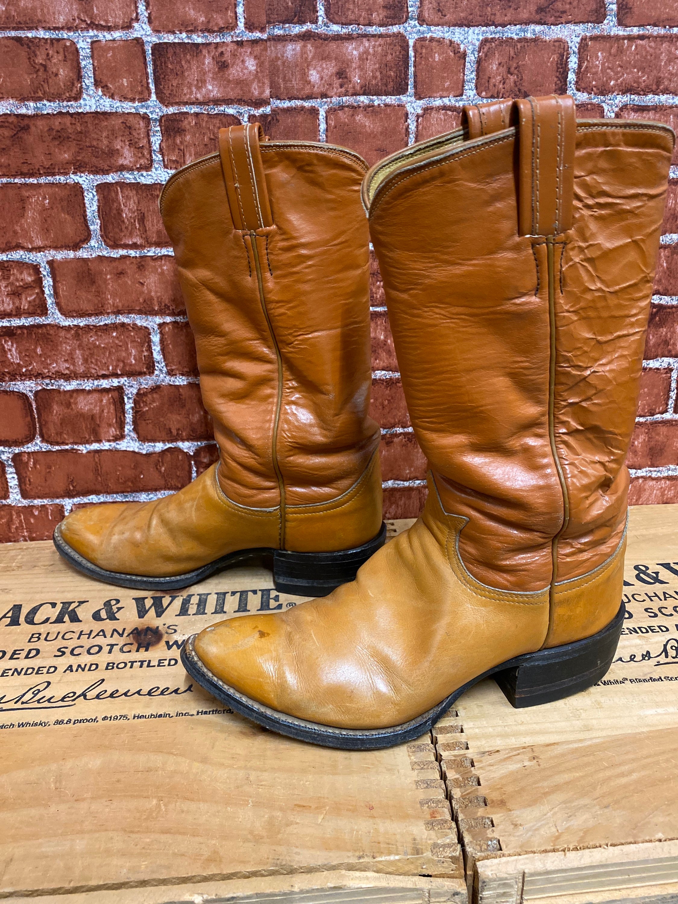 Tony Lama Cowboy Western Ranch Two Tone Brown Leather Boots  display picture 2