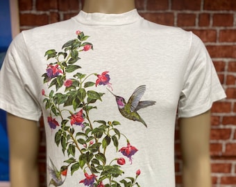 Vintage 80s Hummingbird T-Shirt: Floral Screen Print, USA Made