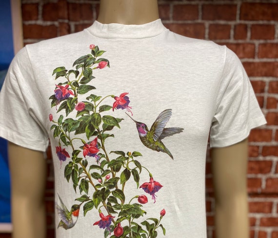 80's Hummingbird and flowers screen printed soft … - image 1