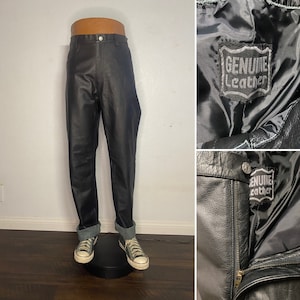 80&#39;s Motorcycle genuine black leather jeans biker punk hippy pants size 40x34.