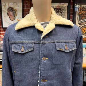 May include: A dark blue denim jacket with a white faux fur collar. The jacket has a button closure and two front pockets.