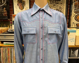 60's Campbells customized embroidery blue chambray shirt size medium.