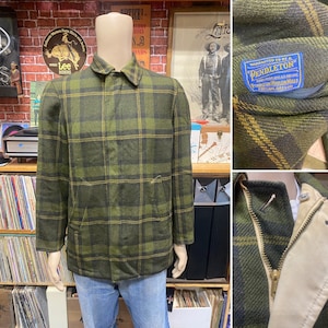 60's Pendleton men's virgin wool reversible coat green plaid size medium made in Portland, Oregon.