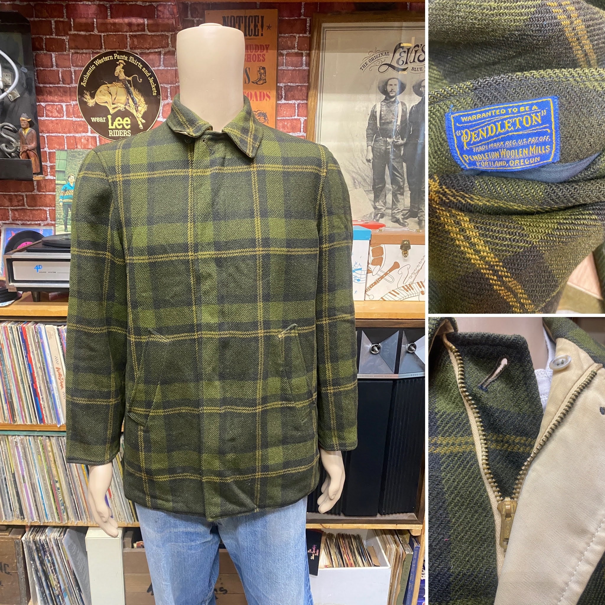 60's Pendleton Men's Virgin Wool Reversible Coat Green Plaid Size