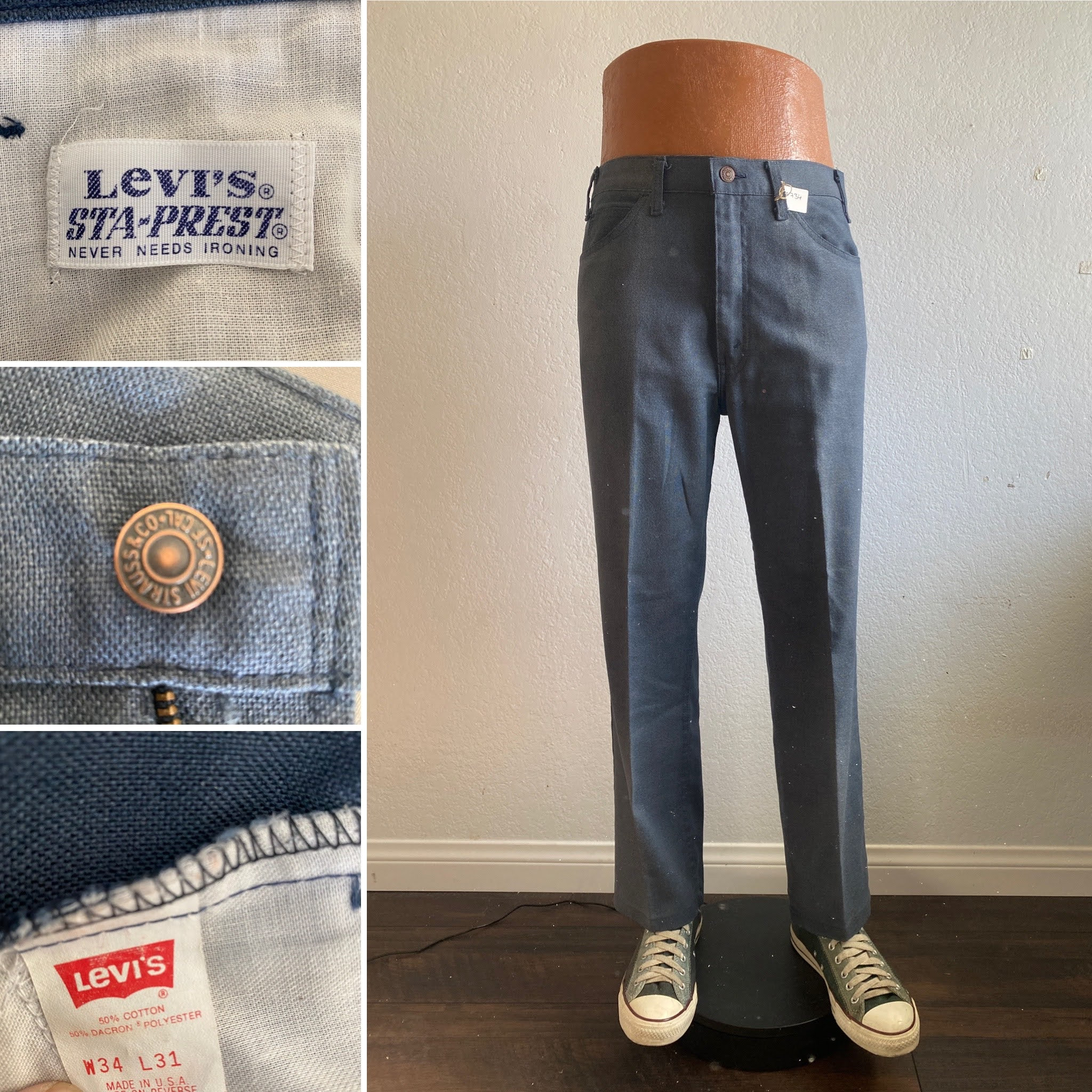 34x31 Levi's Sta-prest Blue High Grade Boot Cut Pants Men Made in