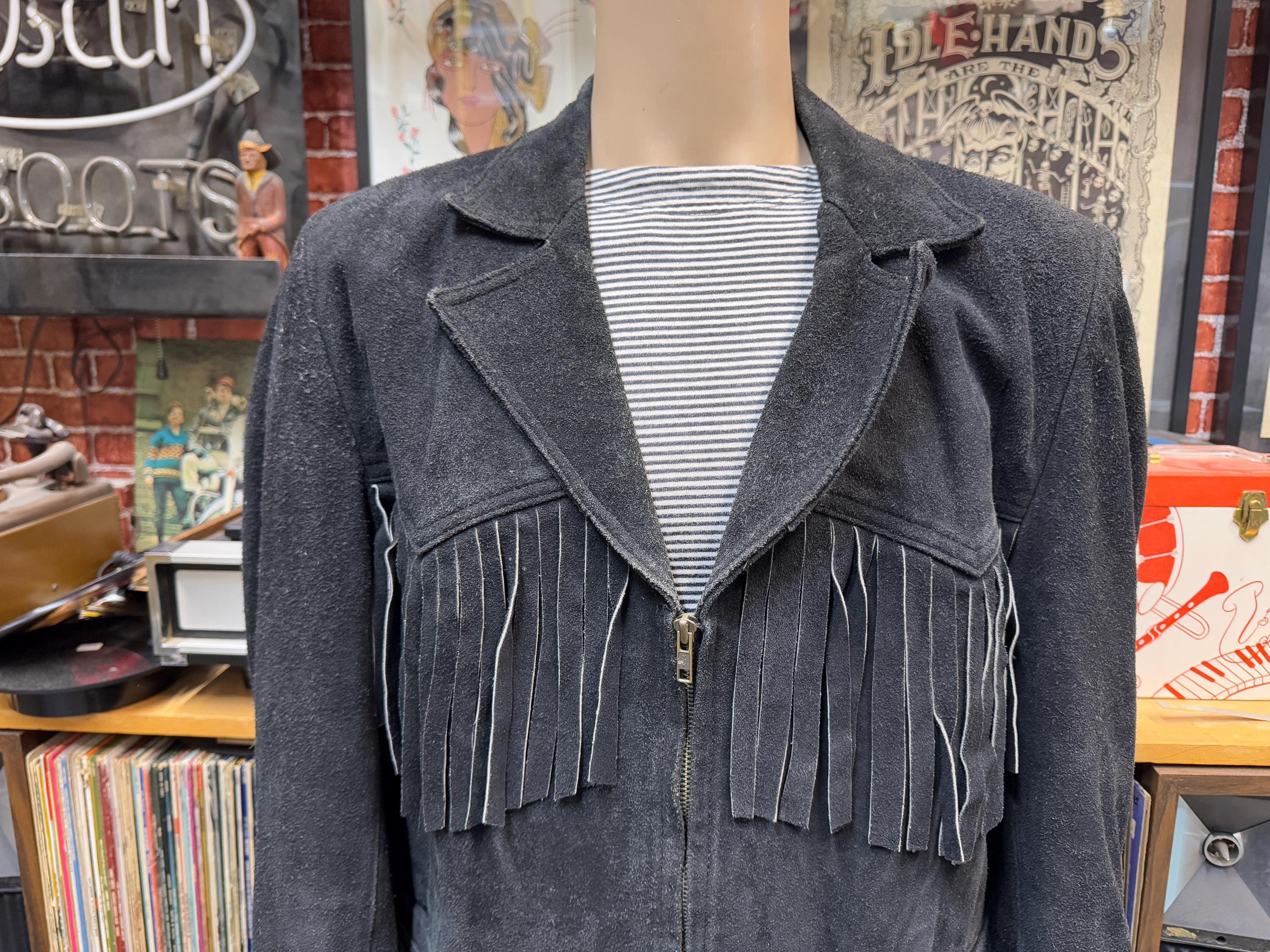 80's Western Black Suede Leather Country Fringe Quilted Lining