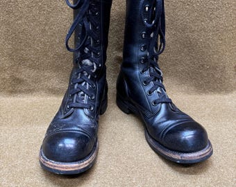 80s 90s 1990 Dated Vtg Black Leather Combat Boots Lace up Ankle
