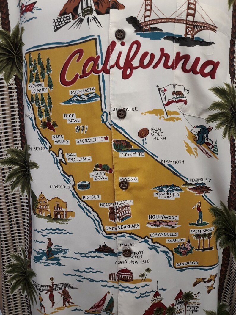 made in Usa. Vintage men/'s hawaiian rayon shirt Reyn Spooner California map souvenir print size xlarge