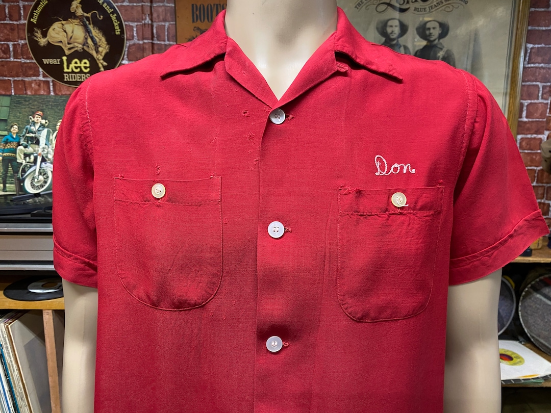 50's Fabians Red Short Sleeve Bowling Chain Stitching Shirt Size
